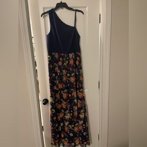 One shoulder navy and floral maxi dress